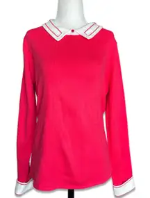 Vintage 90s Red Knit Top White Collar Cuff Button Detail Medium Preppy Twee