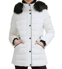 Kenneth Cole White Puffer Coat Size XS Water-Resistant Black Faux Fur Hood NEW