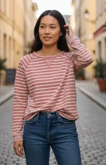 Lauren Ralph Lauren Pink & White Striped Sweatshirt, Rolled Edges, Women’s XS