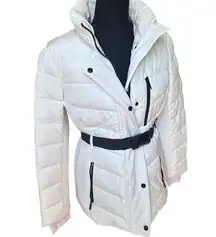 NWT London Fog Missy Belted Puffer Ski Jacket - White Black - Size Small