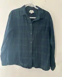LLBean Flannel Shirt Relaxed Fit Plaid Blue Green Long Sleeve Button Up Size L