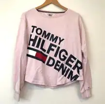 TOMMY HILFIGER DENIM Pink Black Spellout Logo Crewneck Cotton Stripe Sweatshirt