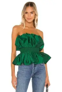 Majorelle Revolve Women’s Lined Ruffled Smocked Waist Strapless Blouse Green Lar