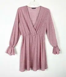 Shein Pink & White Spotted Speckled Long Sleeve Surplice Wrap Dress