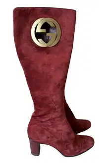 GUCCI Tom Ford Red Suede Leather Interlocking GG Logo Knee High Boots EU 36.5