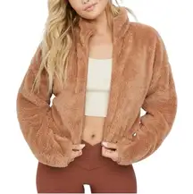 Offline By Aerie Fluffy Sherpa Cropped Full Zip Sweatshirt Jacket XS Tan Brown