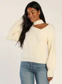 NEW Lulus Trendy Forecast Ivory Pointelle Knit Mock Neck Cutout Sweater Small