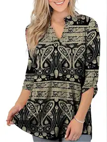 Plus Size 3/4 Sleeve Shirts for Women Floral Print V Neck Blouses Tunic Tops
