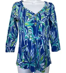 Lilly Pulitzer 3/4 Sleeve Henley Tunic Top Blue Green Tropical Resort Beach XS