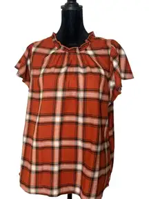 Womens Rust Orange‎ Plaid Top Size S Time & Tru Ruffle Sleeve Checkered Cottage