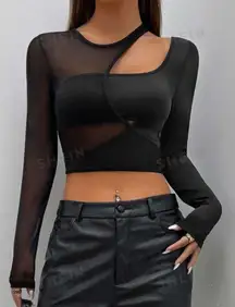 Black Asymmetrical Contrast Mesh Cut Out Crop Top
