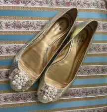 Kate Spade Ollie Metallic Leather Peep Toe Pearl Embellished Ballet Flats. 9.5.