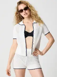 NWT J. Crew Short-sleeve Crochet Cardigan Sweater Ivory Ant Navy Crochet