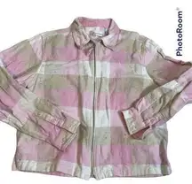 Dress Barn  Medium 100% Cotton Plaid Zip Up Shacket Jacket Collar Pink White