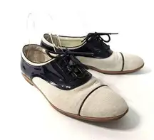 Tod's Derby Oxfords Beige Fabric Blue Patent Leather Size 37.5 Preowned FLAWS