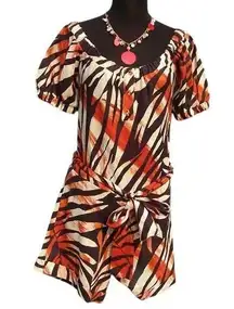 Cache Animal Print Romper 1 Piece Linen Top Pant New Self Belt Button $138 NWT