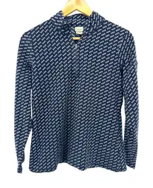 LL‎ Bean Womens Fleece Quarter Zip Pullover Navy White Geometric Pattern Top