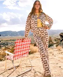 Free people x wrangler collab cream brown logo flare denim pants spring jeans