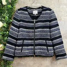 Loft Ann Taylor  Tweed Fringe Southwest Aztec Zip Jacket Navy Blue Black Size 4