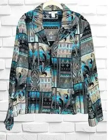 Dressbarn Women’s Size 3X 3/4 Zip Up Blue Black Silver Tapestry Patchwork Jacket