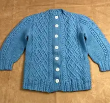 Cable Knit Button front Crewneck Cardigan Blue Hand