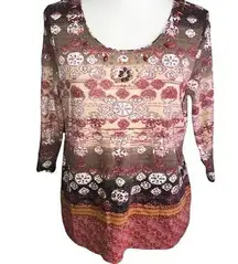 J. BEE VIBRANT EARTH TONES BOHO 3/4 SLEEVE ARTISTIC TOP SMALL