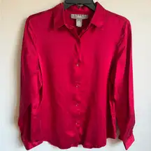 Norton McNaughton Red 100% Silk Button Down Blouse Womens 10P Holiday Shiny Soft