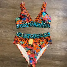 Hilinker Bright Floral Animal Print 2 Piece Swimsuit Size XXL