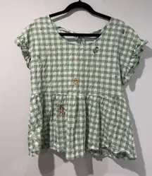 Disney Winnie the Pooh Gingham Top Womens Medium Embroidered Peplum Plaid Ruffle