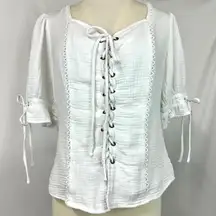 SCARLET DARKNESS White Cotton Lace Up Top Ren Faire Ethereal Prairie Women's L