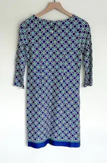 TALBOTS Blue Green Geometric Print Jersey Knit Rayon Shift Dress Women’s 2P