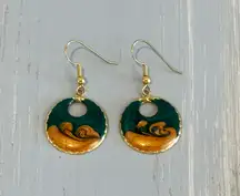 So Pretty Hoop Dangle Vintage Pierced Earrings Gold Tone Teal & Ran Enamel