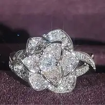 Exquisite One-of-a-Kind Flower Design Silver Plated with Shining CZ Size 7