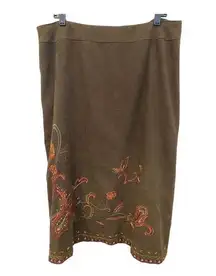 Dress Barn  Midi Skirt 18W Brown Embroidered High Waist Floral Knee Length Casual