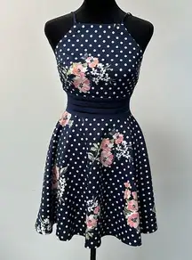 City Studio Women Navy Illusion Floral Daytime Skater Dress Junior 1 sheer waist