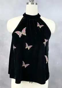 THML Womens Halter‎ Butterfly Velvet Tank Top Black Size M Y2K Emo Goth Grunge