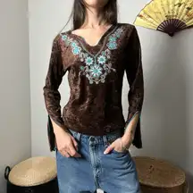 y2k boho brown velvet floral v neck flutter flare sleeve long sleeve top by mkm
