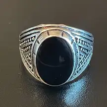 Natural oval black obsidian S925 silver ring size 10.25