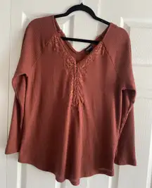Torrid Womens‎ 0 Medium Burnt Orange Waffle Knit Lace Trim Henley Casual Fall