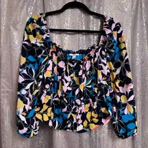 Bar III Black Colorful Floral Miami Bloom Shirred Blouse Small