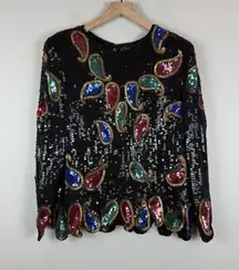 Jean for Joseph Le Bon Top Womens M Black Paisley 100% Silk Sequin Vintage Artsy