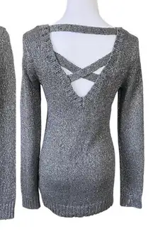 Guess Quinn Gray Criss Cross Back Sequin‎ Sweater SMALL Casual Sparkle Designer