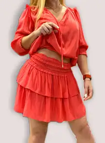 RAMY BROOK MERRY V-NECK SHORT-SLEEVE BLOUSE IN PUNCH AND JANE MATCHING SKIRT