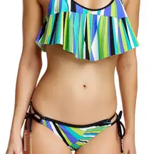 Trina Turk Snap Sapphire Side Tie Bikini Bottom Gold Tassels – Sunburst Print