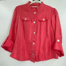 Ruby Rd. Nehru Collar Button Up Coral Shimmer Silky Top Jacket, Size 10P