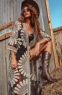 Pinky Womens 1X Black Embroidered Open Front Kimono Lagenlook Boho Duster