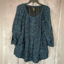 Grace Elements Dark Teal & Black Printed Flowy Blouse- Size Large