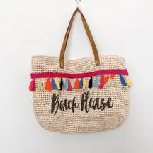 INC Womens Straw Tote Bag Natural Multicolor Tassel Beach Summer Boho Coastal