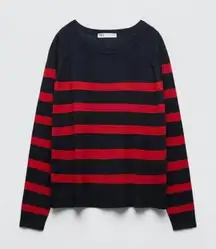 Zara Black Red Striped Basic Knit Sweater Pullover Long Sleeve Top Size Small