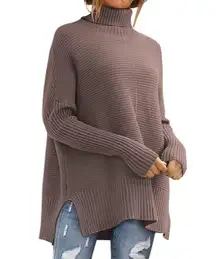 Turtleneck Oversized Tunic Long Sleeve Spilt Hem Pullover Knit Sweater Top S